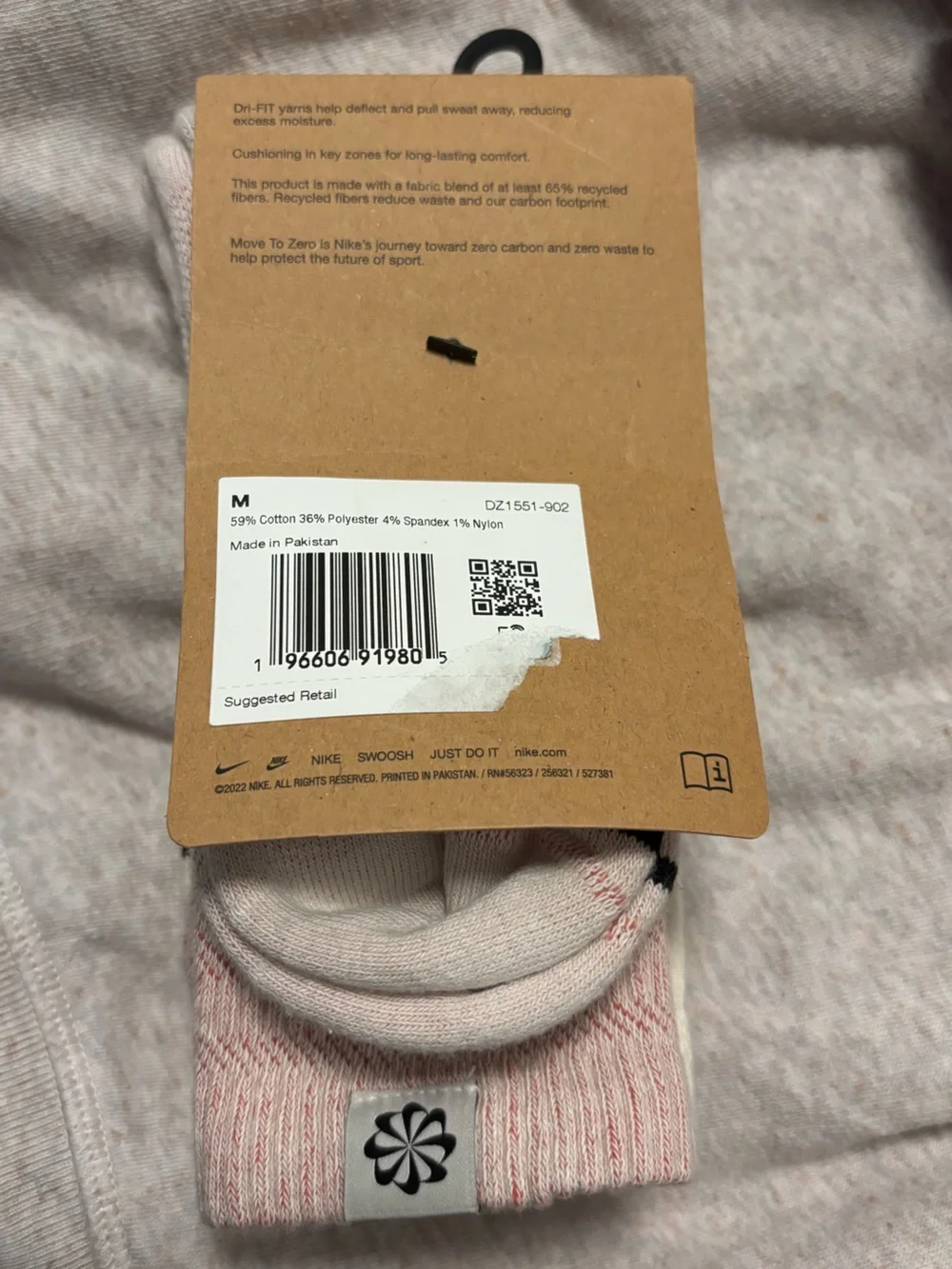 Nike Crew Socks in Off-White with Pink Accent